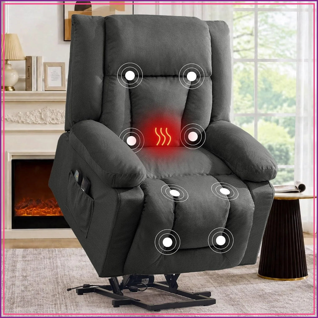 Dual Motor Power Lift Recliner Chair for Elderly Massage Heat Oversized Electric Recliner Side Pockets Living Room Waffle Grey