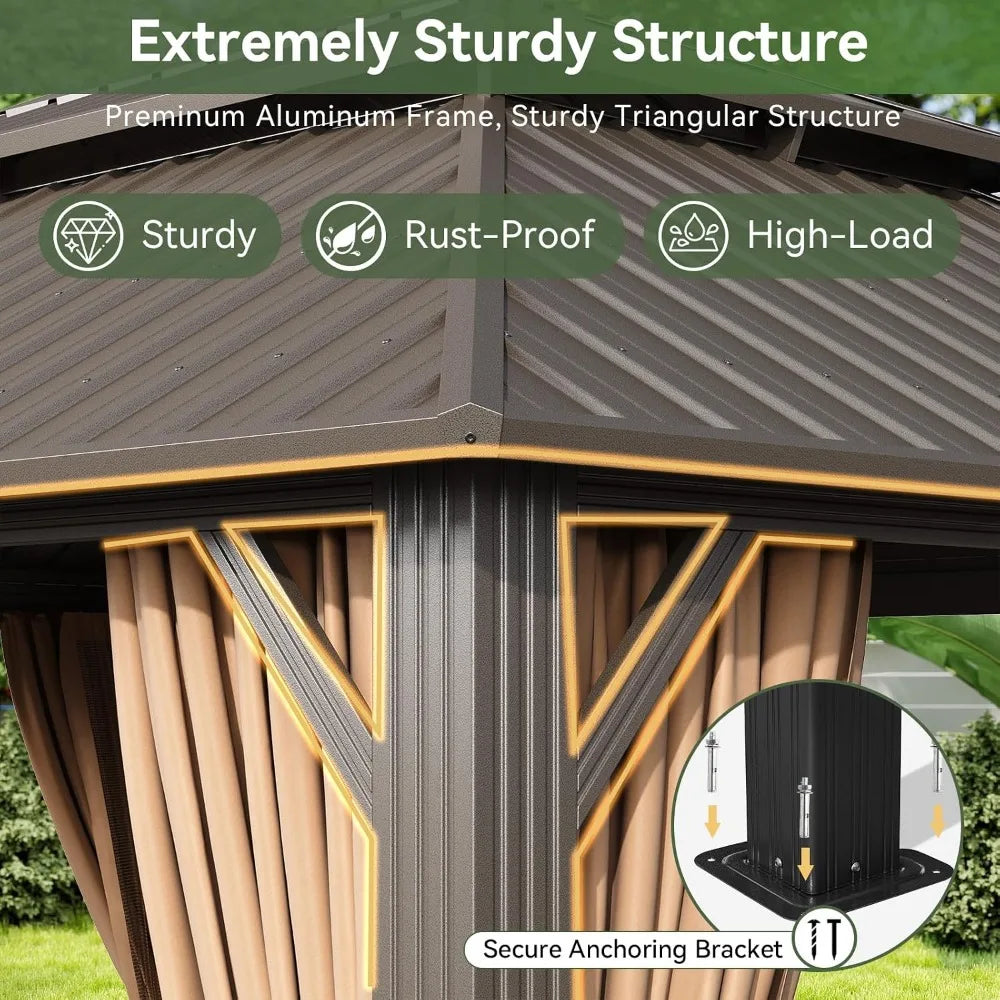 Gazebo 10x12 Hardtop with Double Galvanized Steel Roof, Brown Metal Frame, Netting & Curtains
