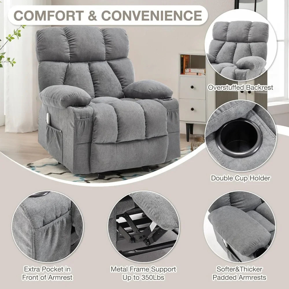 Massage Recliner Chair with Heat & Vibration, USB Port, Cup Holders - Grey Rocking Lounge Chair for Living Room