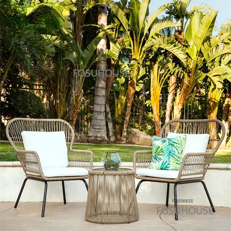 Terrace Rattan Chairs Tea Table Three Piece Set Modern Outdoor Furniture For Balcony Courtyard Garden Leisure outdoor Armchair