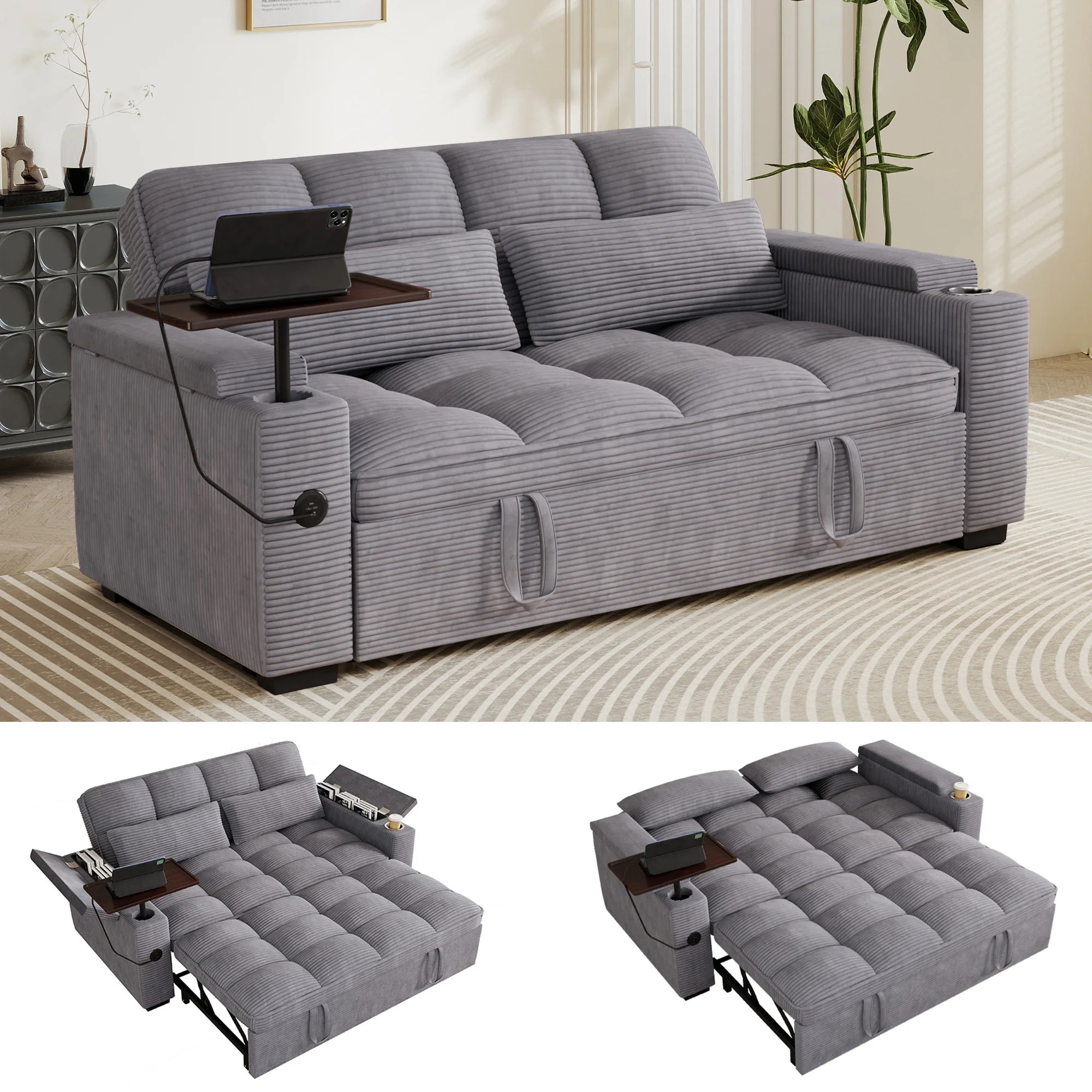 65" 3-in-1 Folding Convertible Sofa Bed with 360° Swivel Side Table, Pull Out Couch USB Charging, Modern Corduroy Chenille, Black