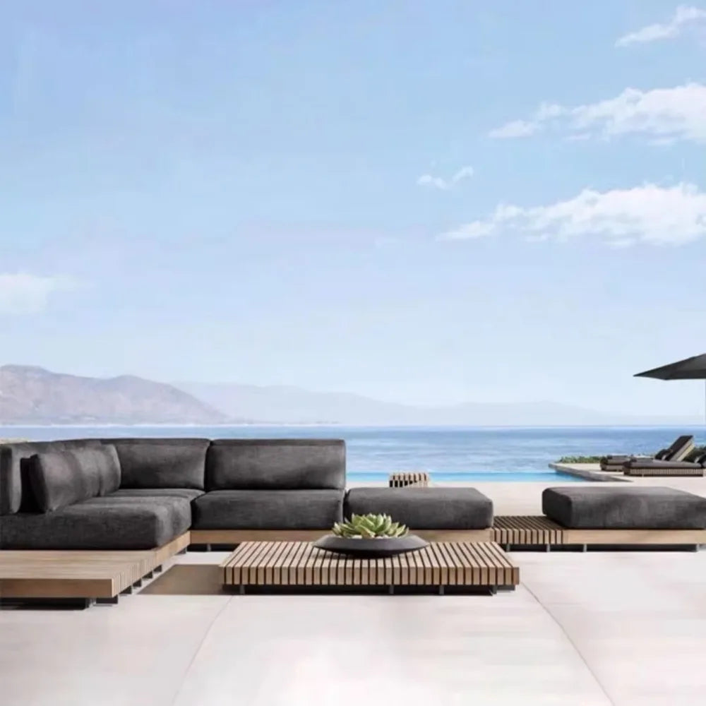 Nordic Solid Wood Outdoor Sofa Set, Luxury Waterproof Sunproof Patio Furniture, Balcony and Garden Leisure Recliner for Villa