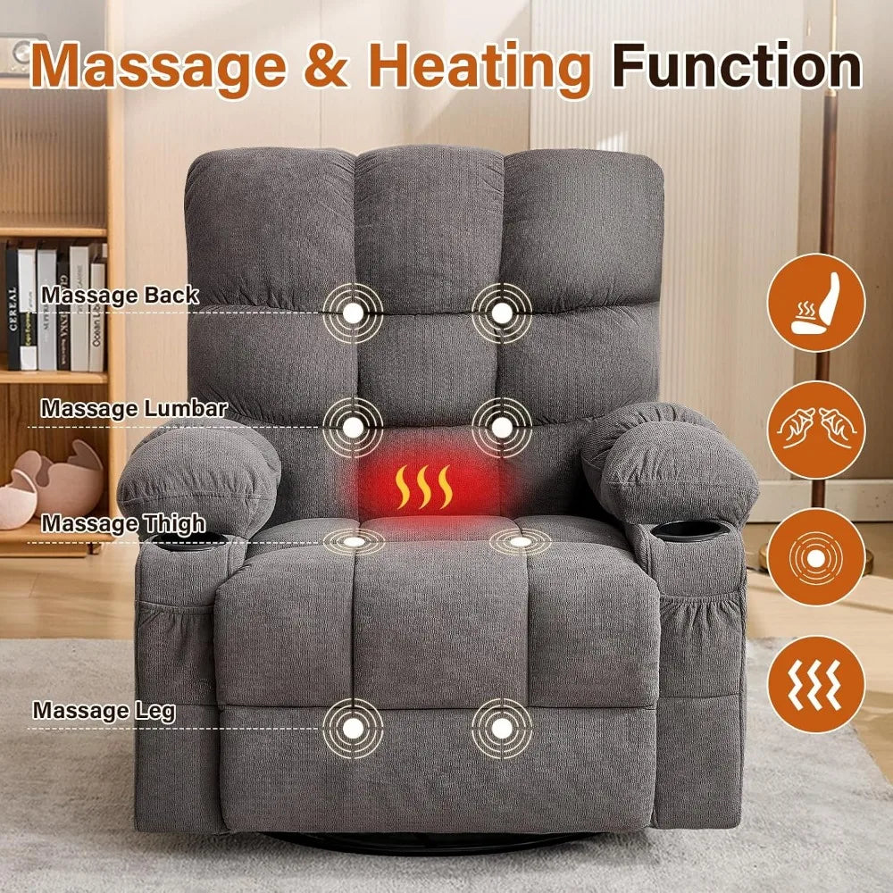 Swivel Rocker Recliner Chair with Vibration Massage, Heat, and USB Charging for Living Room