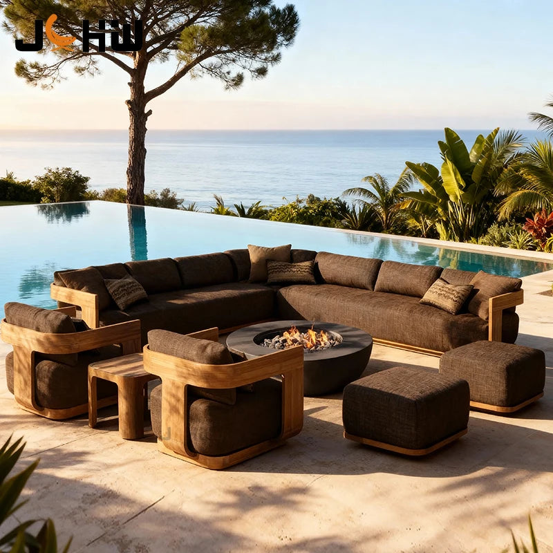 Sofa, with Waterproof UV-resistant Cushion, Outdoor Wooden Furniture, with Customized Service, for Hotel Patio Courtyard Use