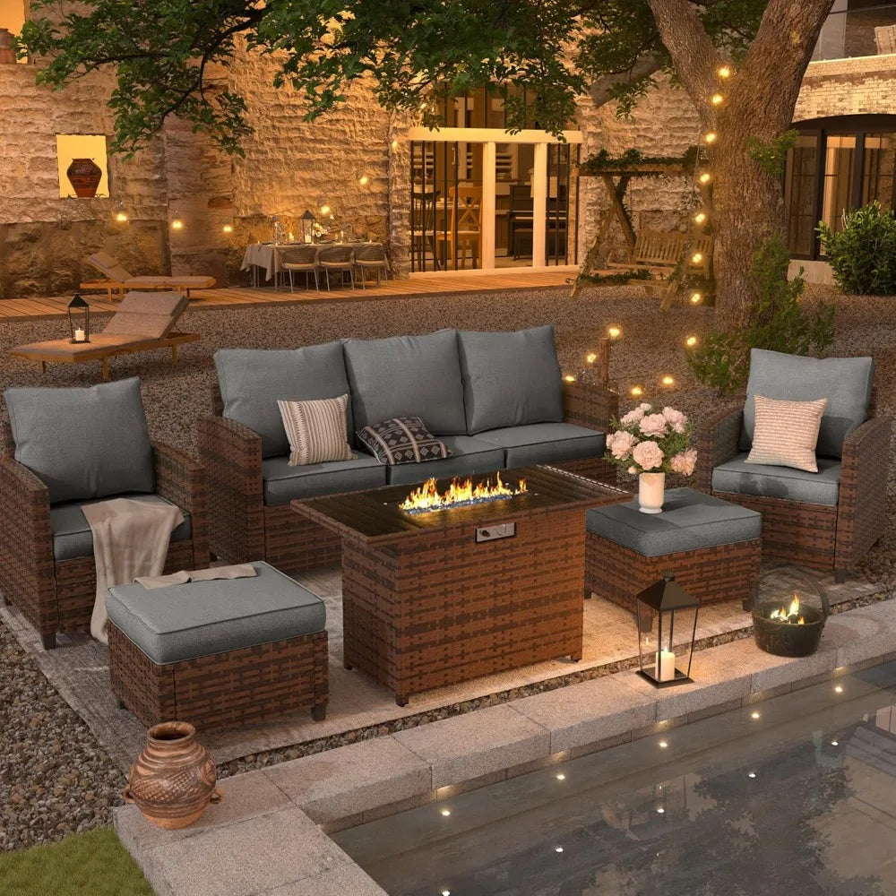 Outdoor Patio Furniture Set 44 Inch Fire Pit Table 6 Piece Sectional Sofa with Cushions