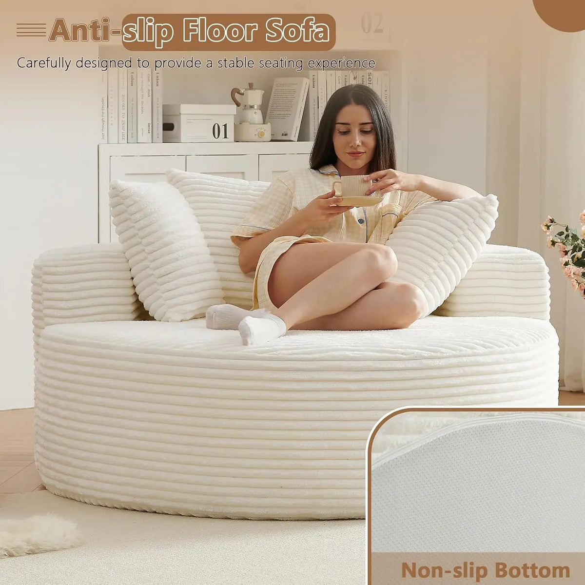 Oversized Round Chair Lounge Chaise Indoor, Upholstered Corduroy Deep Seat Cloud Large Circle Sofa Chair, No Assembly