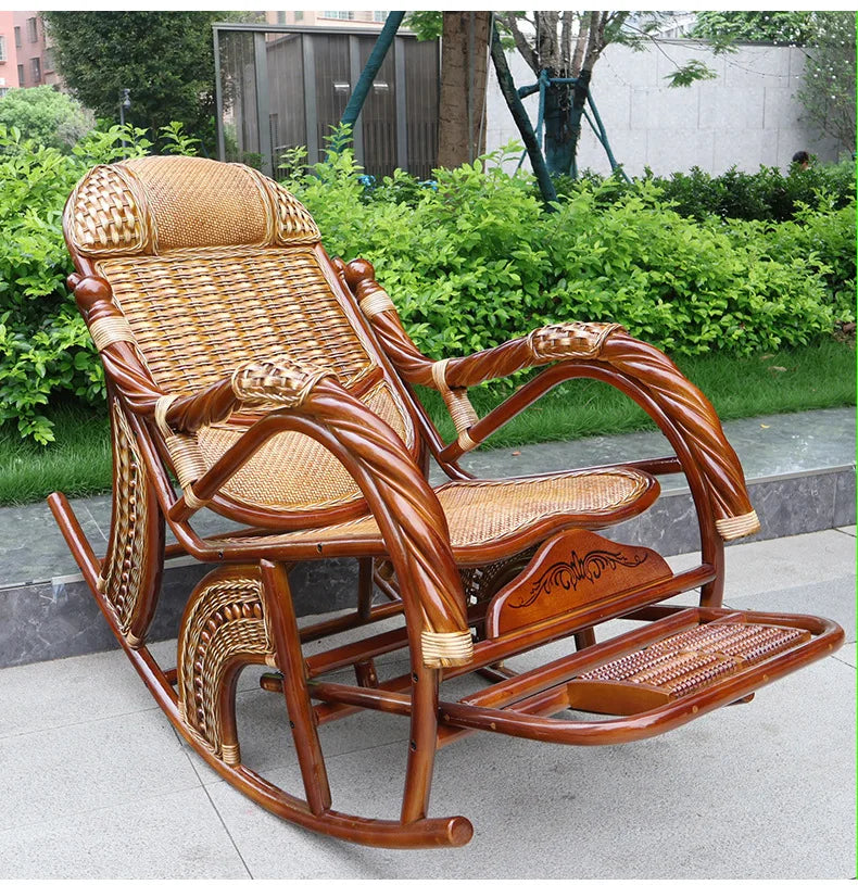 Balcony elderly rattan chair household large medium new Chinese real rattan recliner