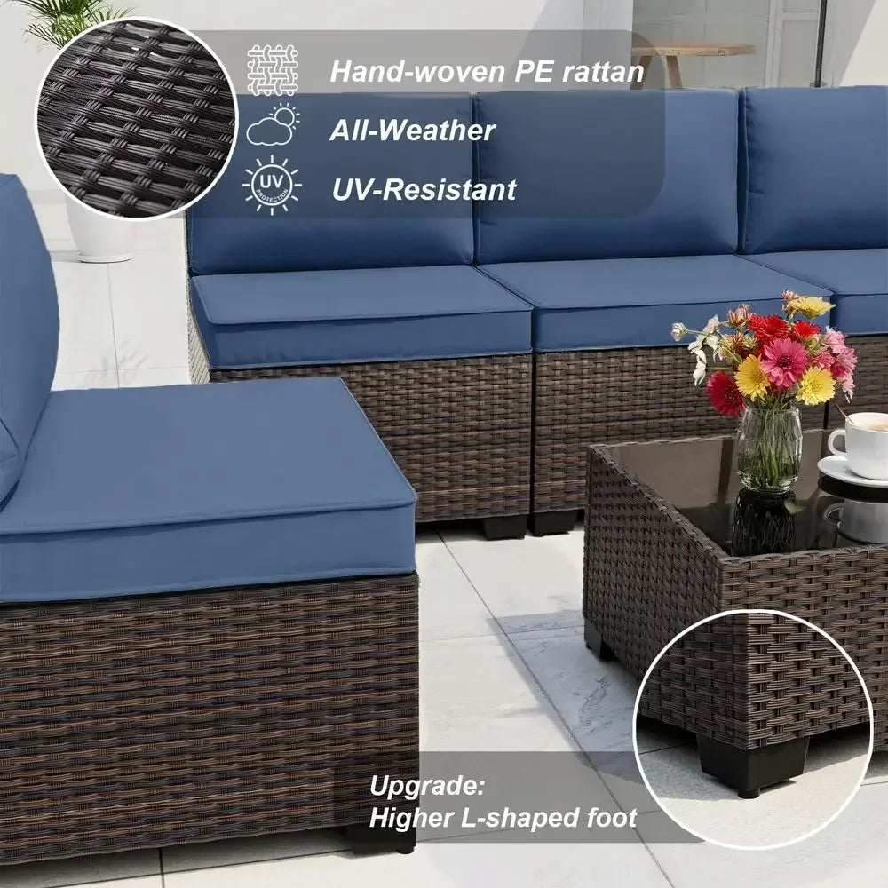 Furniture Set with Fire Pit Table 55000 BTU, Outdoor Sectional with Wide Seat and Thick Cushion, 8 Piece Wicker Rattan Conversa