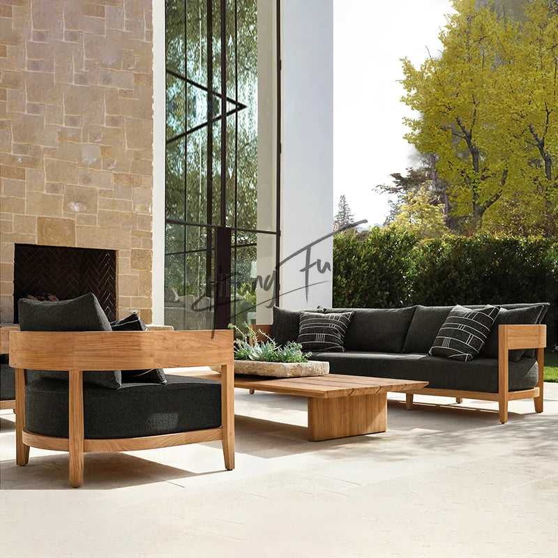 High-end Hotel Terrace Sofa Set Cushion Garden Sofa Teak Solid Wood Outdoor Furniture