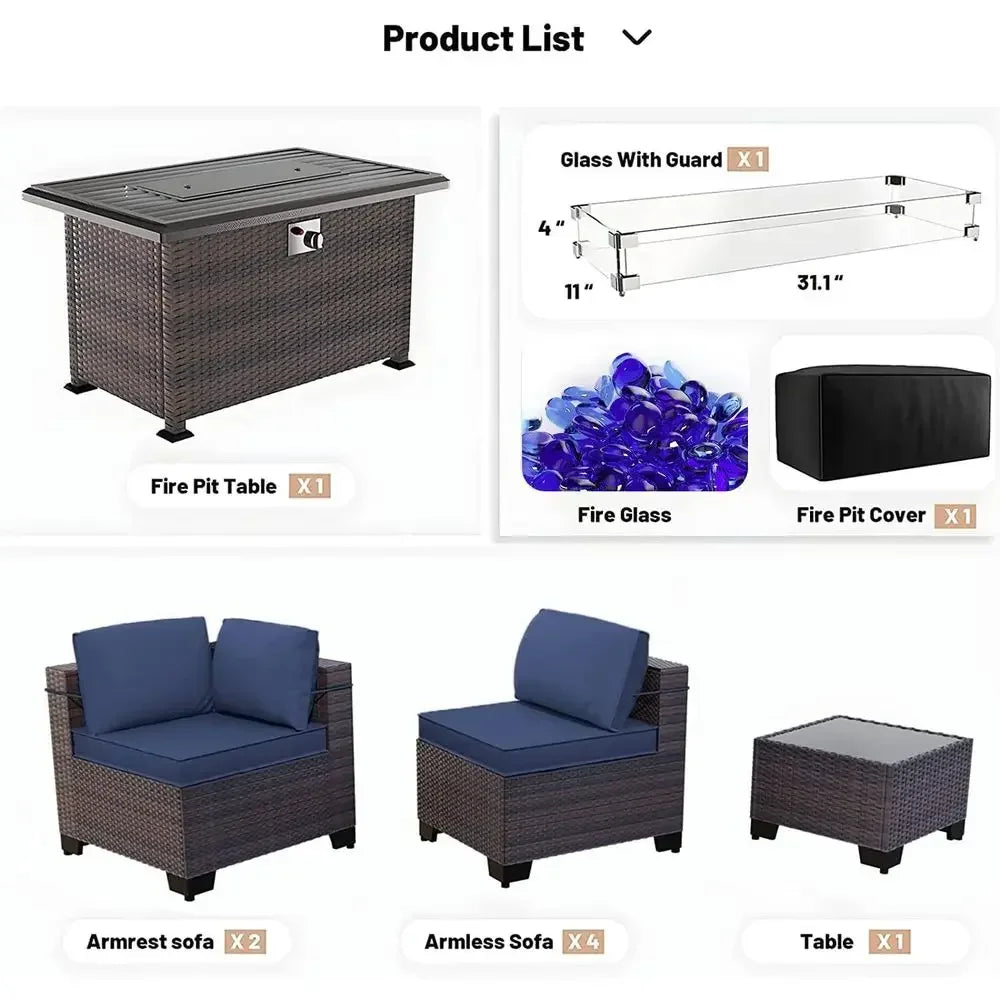 8 Pieces Outdoor Patio urniture Set with 43" 55000Gas Propane ire Pit Table PE Wicker Rattan Sectional Soa Patio Contion Sets,Na