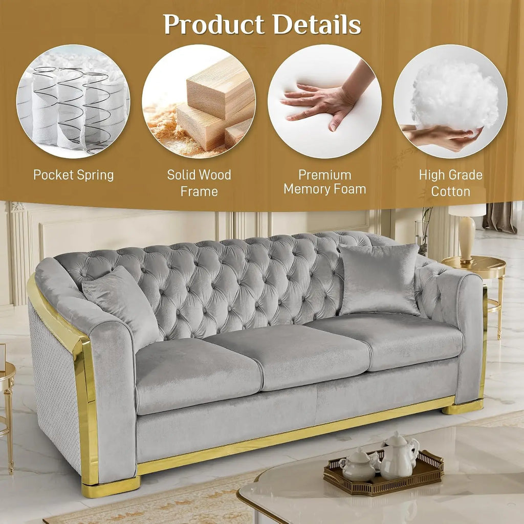 Mid Century Modern Sofa 84" Grey & Gold Tufted Velvet Upholstered Living Room Furniture, Customized