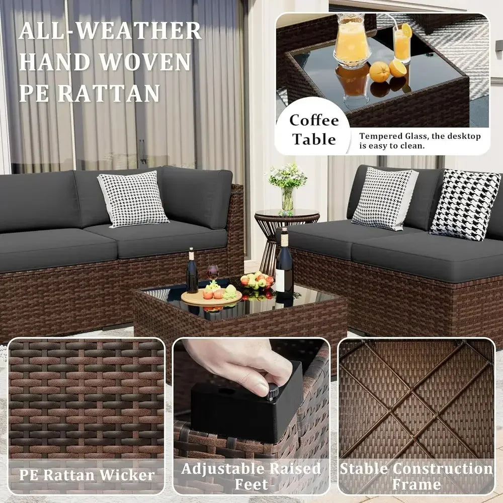 8-Piece Outdoor Patio Furniture Set with 44 Fire Pit Table, Rattan Sectional, Coffee Table, Waterproof Covers, Gray
