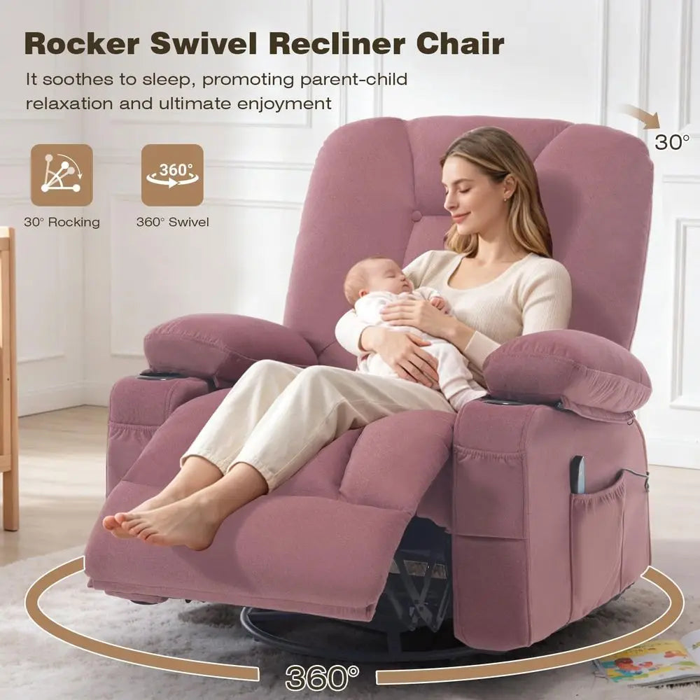 Rocker Massage Recliner Chair with Heat, Oversized Rocking Nursery Chair with Cup Holder, Breathable abric Single Soa Overstued