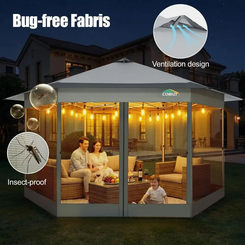 Pop Up Gazebo16x16 Tent with Mosquito Netting, White Gazebos on Clearance, Hexagonal Outdoor Canopy Shelter, Center Lock 6Sided