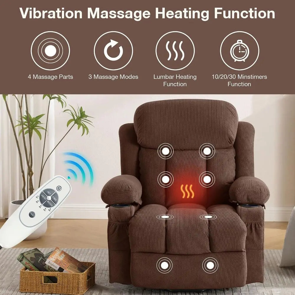 Power Lit Recliner Chair or Elderly with Vibration Massage and Lumbar Heating Electric Oversized Single Soa with Cup Holder and