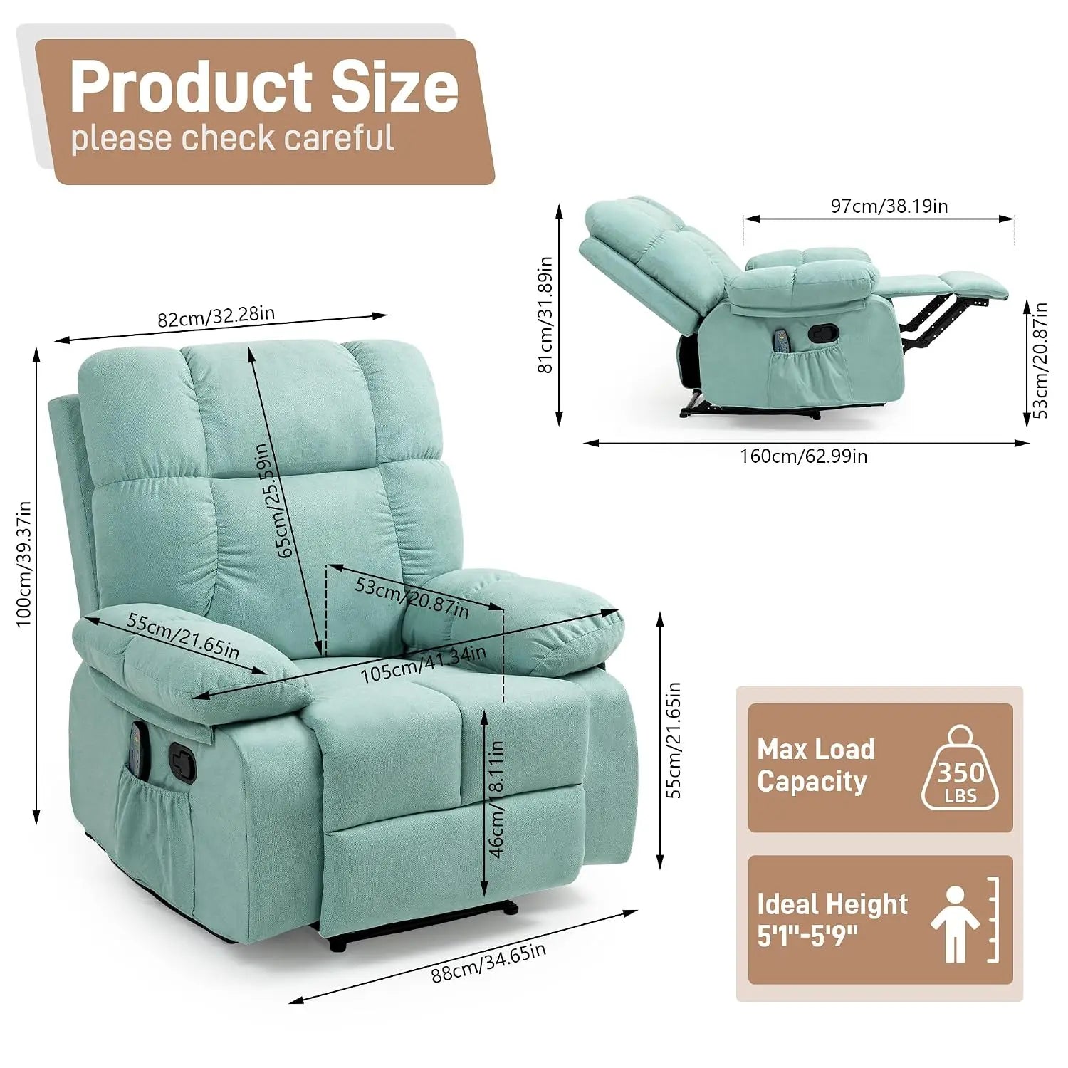 Recliner Chairs with Massage and Heat,Manual Recliner with Side Pockets, Reclining Chairs with Comfortable Arms and, Customized