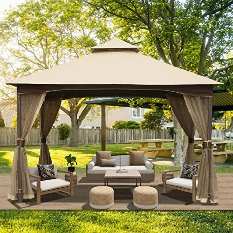 Domi 10' x 13' Outdoor  with Mosquito Netting Double Roof t Top Gazebo Pergola Metal Fe Patio Shelter for Deck Backyard Garden
