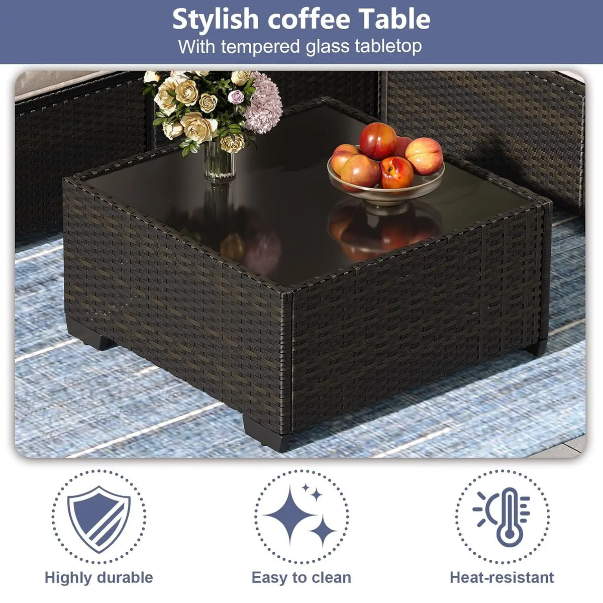 5Pcs Rattan L Shaped Patio Furniture Set,Outdoor Sofa With Waterproof Cushions&Coffee Table For Garden, Custom