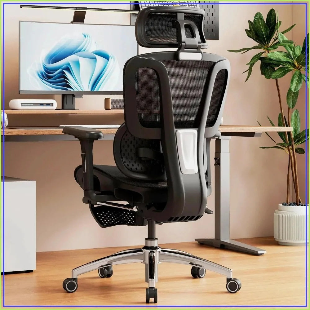 Ergonomic Office Chair with Footrest, Desk Chair with Lumbar Support, Mesh Seat, 3D Headrest, Black