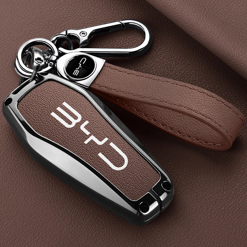 Alloy Leather Car Smart Remote Key Case Cover Emblem Accessories For BYD Song Pro Tang Dmi QIn PLUS MAX Yuan EV Dolphin Seagull