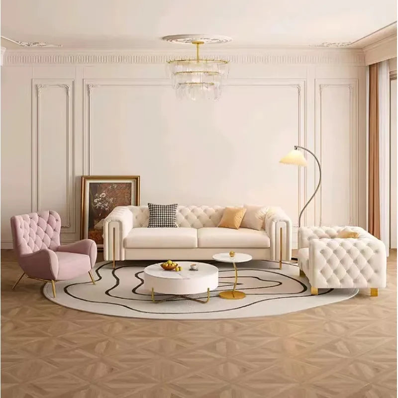 Modern French Style High Back Armchair Luxury Fabric Buckle Sofa Living Room Furniture for Small Apartment Simple Flannel