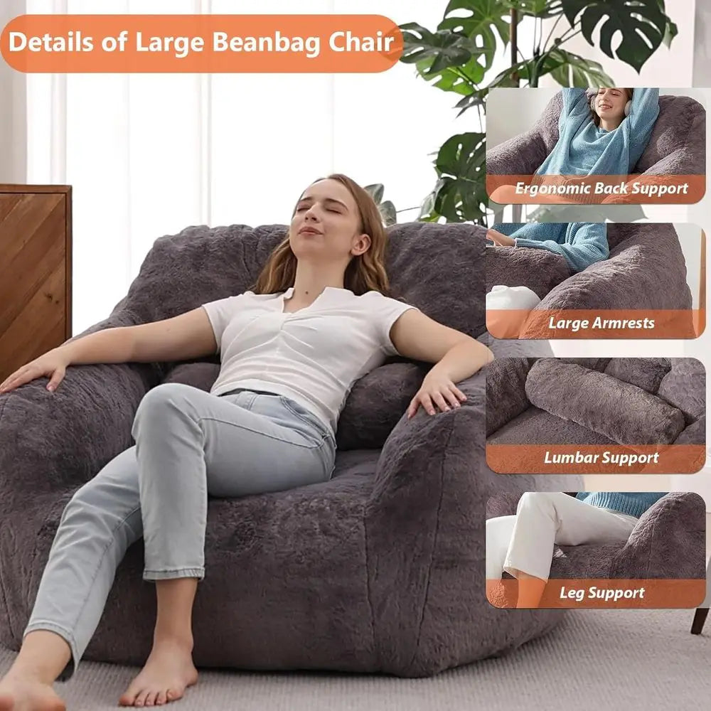 Oversized Bean Bag Chairs for Adults and Kids, Plush Lazy Sofas with Filled Cushions, Ideal for Living Rooms and Bedrooms in Gra