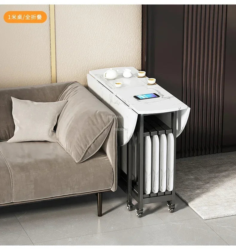 Home Folding Dining Table Set with Chairs Mobile Round Furniture Modern Kitchen Living Room Light Luxury Simple Portable