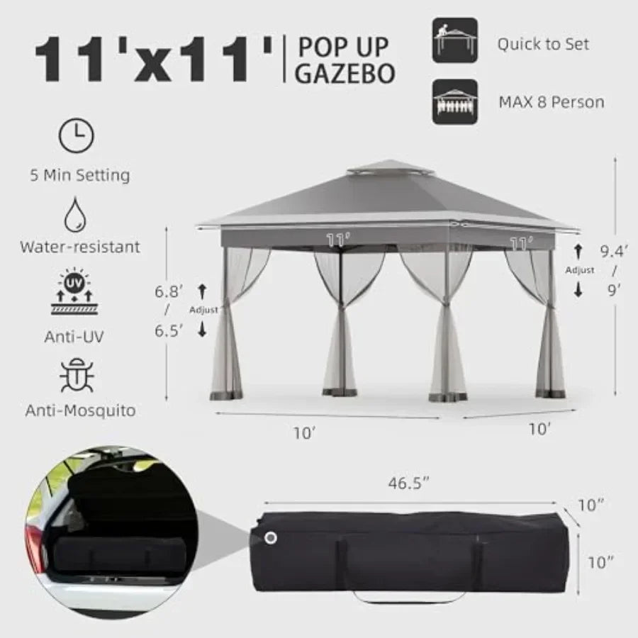 11x11 Pop Up Gazebo with Mosquito Netting Easy 1-Person Setup Water-Resistant Backyard  for Family Patio Garden Use