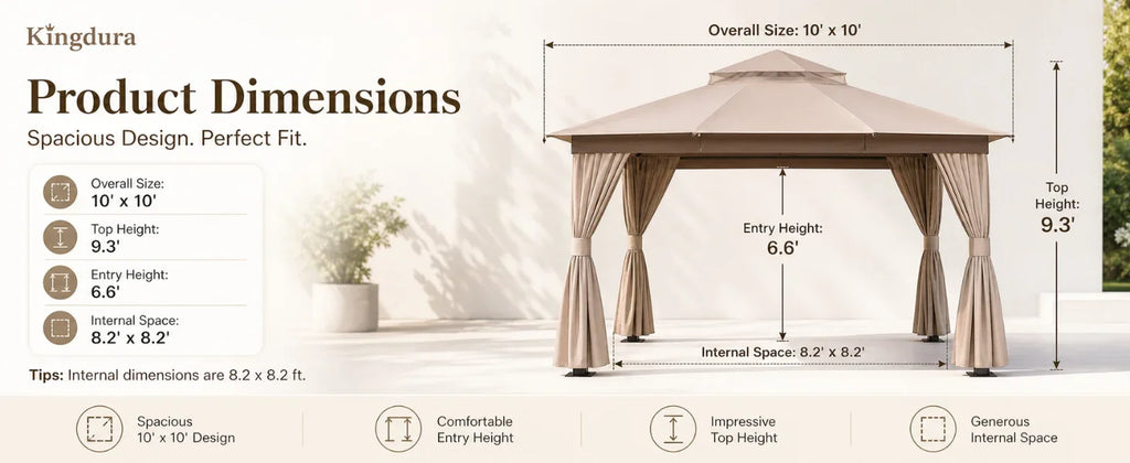 Kingdura 10'x10' Outdoor Gazebo, Heavy Duty Metal Patio Canopy Tent Shelter with Double Roof, Mosquito Netting & Privacy Curtain