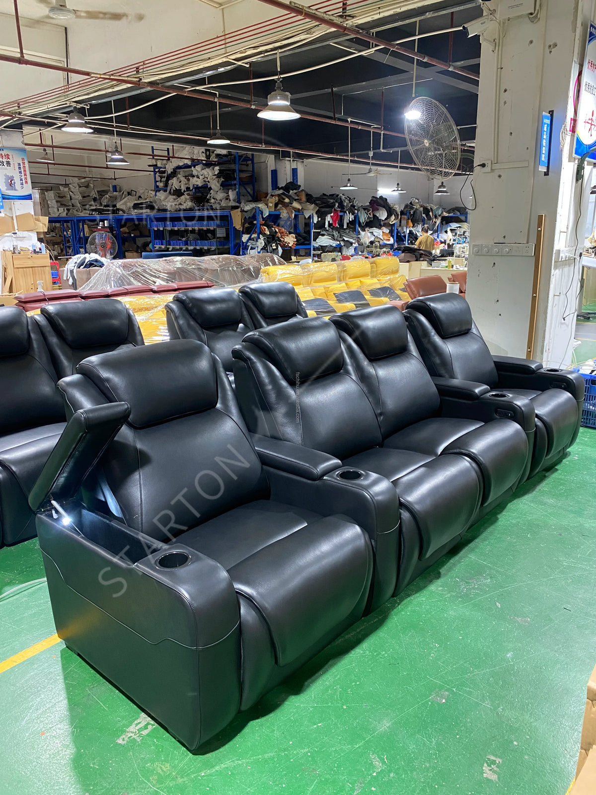 4seater Fully Black Power Reclining Theater Furniture Movie Seats Electric Headrest Loveseat Middle Theatre Cinema Sofa Recliner