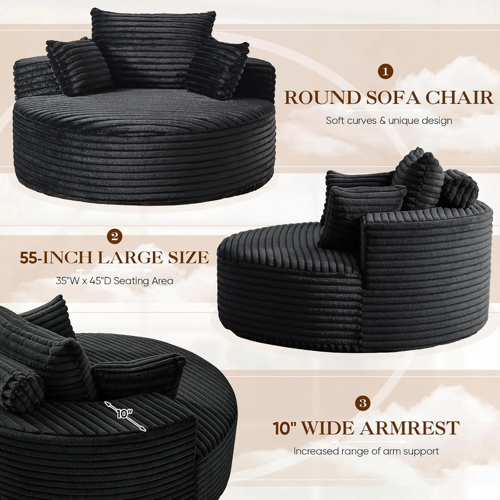 Round Chaise Longue Chair Indoor, Modern 55-inch Upholstered Corduroy Deep Seat Circle Single Cloud Lounge, Customized