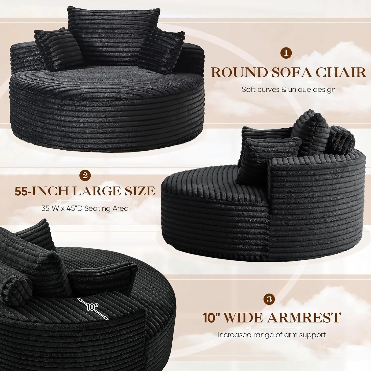 Round Chaise Longue Chair Indoor, Modern 55-inch Upholstered Corduroy Deep Seat Circle Single Cloud Lounge, Customized