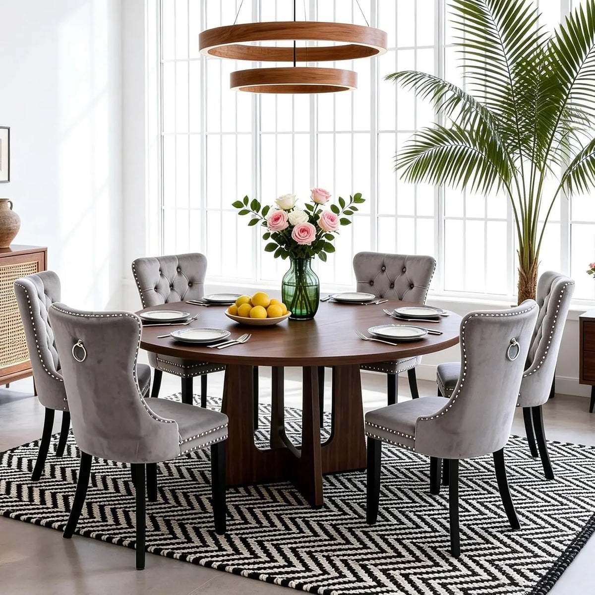 7-Piece Round Dining Table Set for 6, 47" Black Farmhouse Kitchen Table with 6 Gray Velvet Tufted Chairs, Modern Circle, Custom