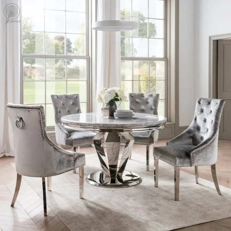 y8- High-End Stainless Steel Marble Round Dining Table and Chair Set for Home Post-Modern Minimalist