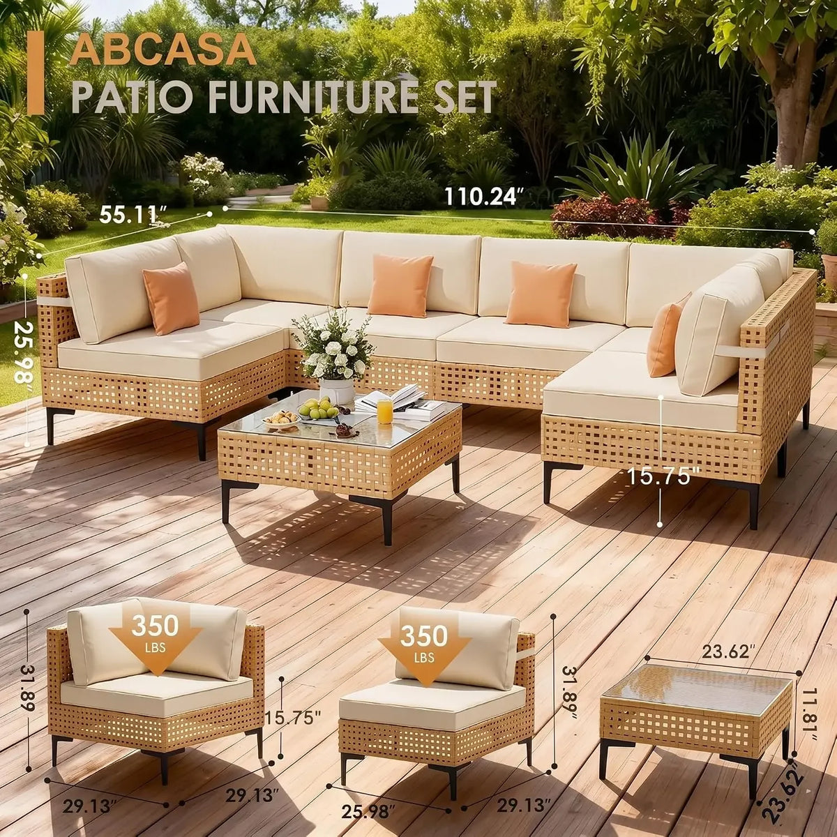 7-Piece Patio Furniture Set With Non-Slip Cushions & Coffee Table | 6 Seats All Weather Wicker Outdoor Sectional Set