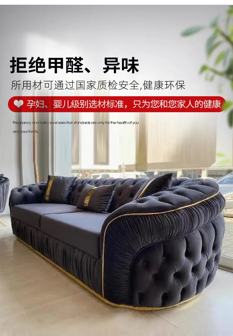 Luxury Chesterfield Sectional Sofa Set with Cloth Buttons and Fabric Modular Couch with Gold Stainless Steel Base, 3-seater Sofa