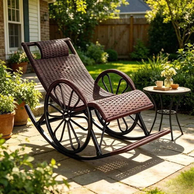Adult Rattan Rocking Chair, Outdoor Leisure Recliner, Nap Swing Chair for Living Room Balcony Elderly Relaxation