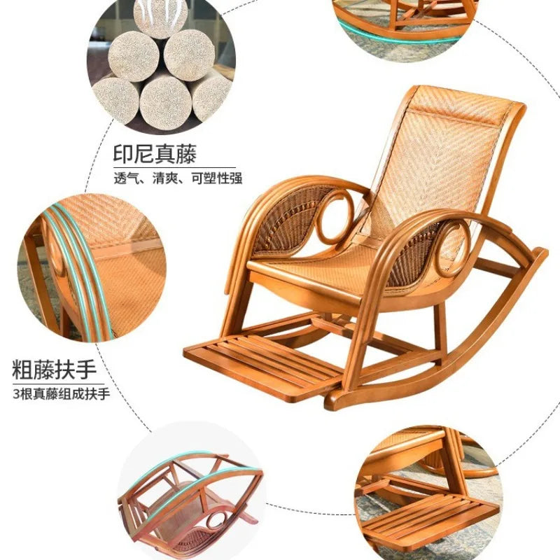 Rattan rocking chair Adult leisure recliner Natural rattan Xiao real rattan free chair Elderly solid wood new Chinese rocking ch