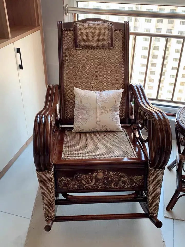 CZ Rocking Chair Hanging Basket Natural Real Rattan Plant Woven Relaxing Leisure Recliner
