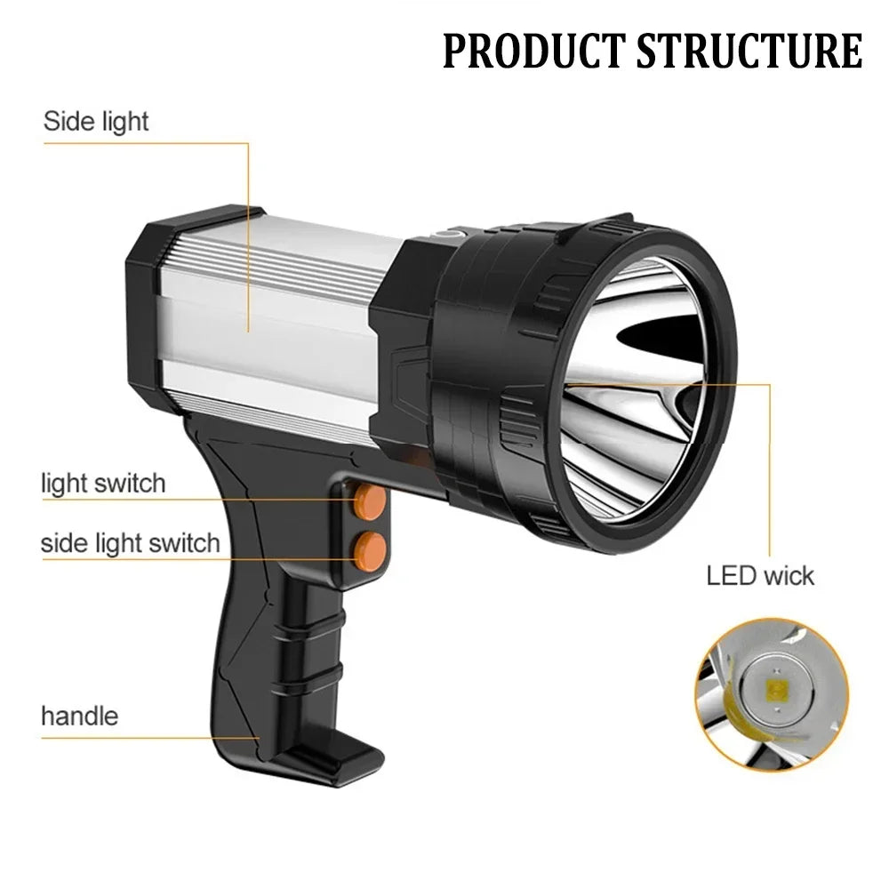 High Power Rechargeable Searchlight Powerful LED Work Light Spotlight Outdoor Flashlight Camping Lantern Torch Power Bank