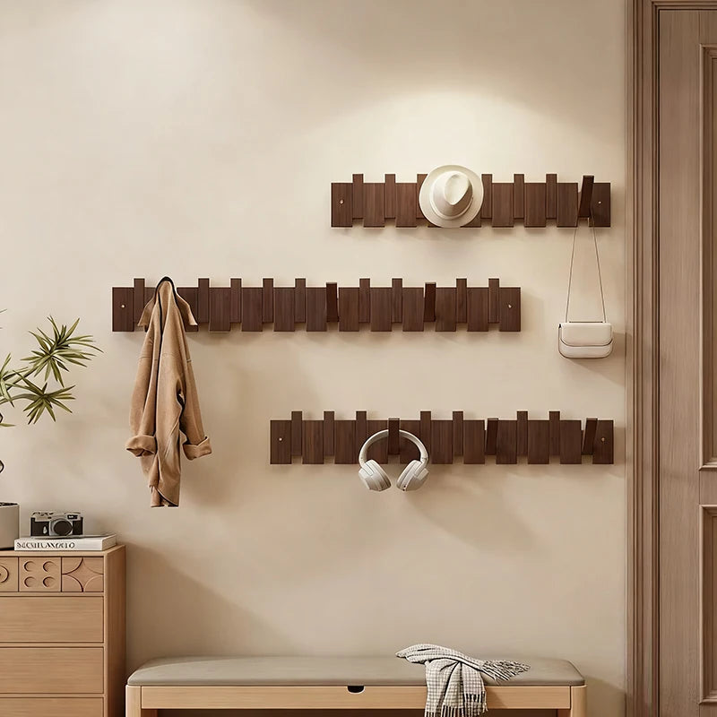 Walnut Wood Coat Rack Wall Mounted Hooks Key Clothes Hanger Hallway Door Home Bedroom Entrance Decor Organizer Rack