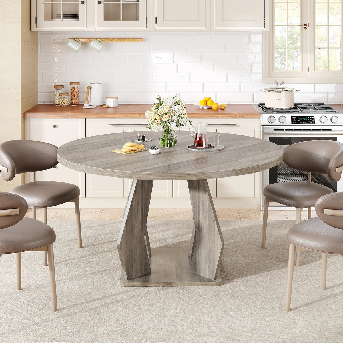 Factory Wholesale Custom Luxury Modern Taupe Wooden Dining Table Large Round Dining Room Table for Kitchen 4-6 Seater