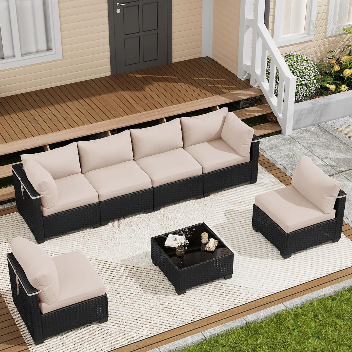 7 Piece Wicker Rattan Patio Conversation Set, Outdoor Sectional Sofa, Custom