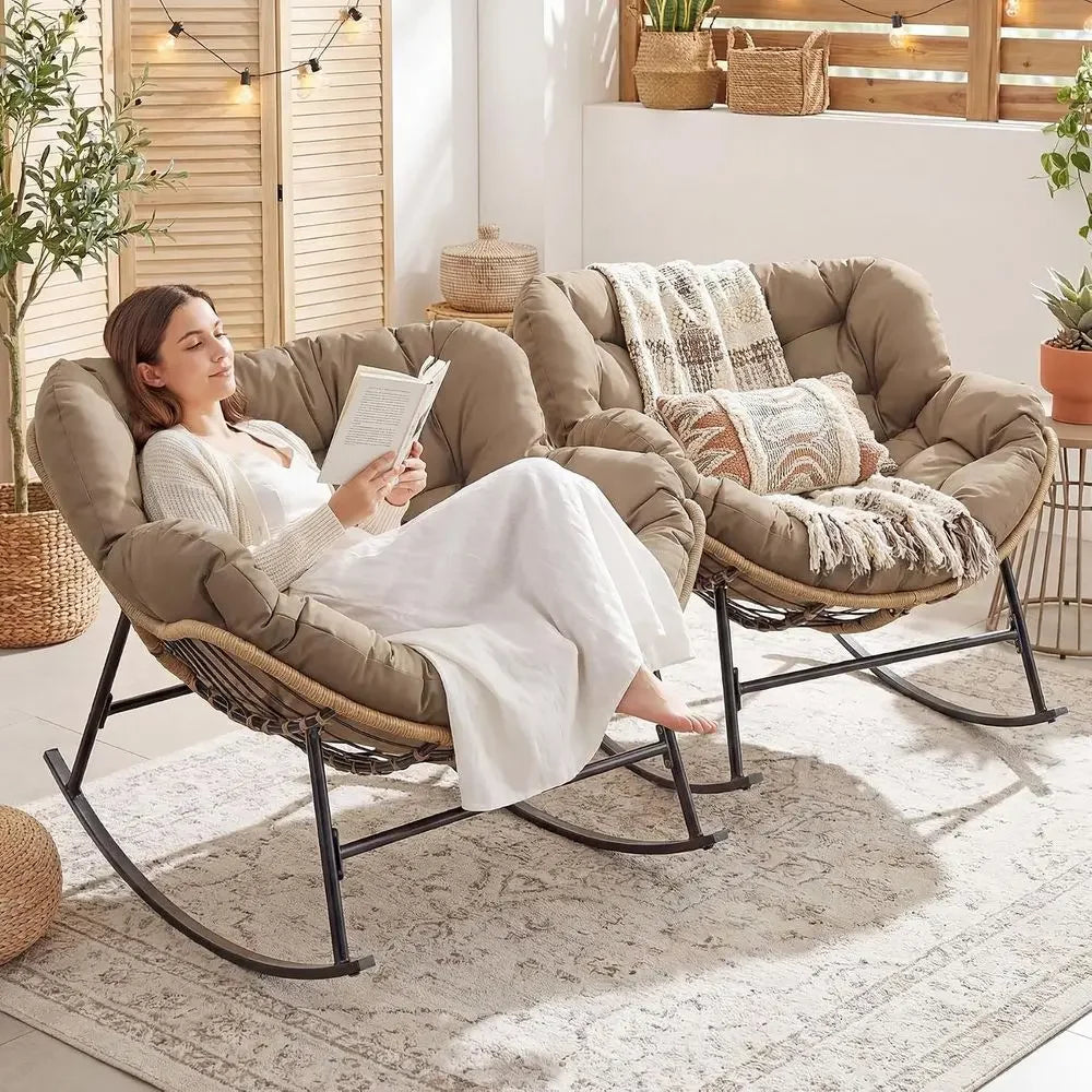 Patio Rocking Chair Set o 2, Outdoor Indoor Oversized Papasan Chairs, 2 Person Double Wicker Egg Rockers with Padded Cushions, C