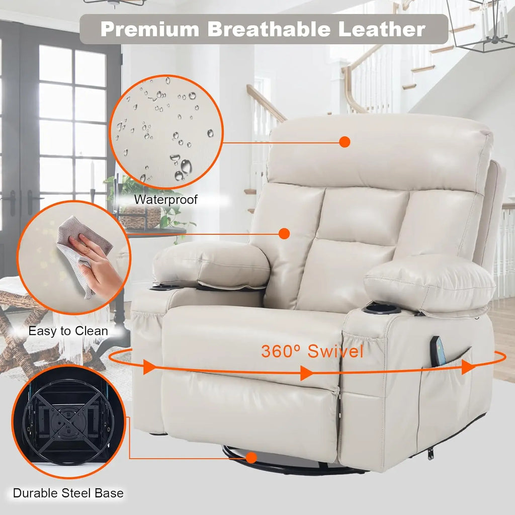Swivel Rocker Recliner with Heat and Massage, Heated Massaging Reclining Chair with Cup Holders, Faux Leather, Customized