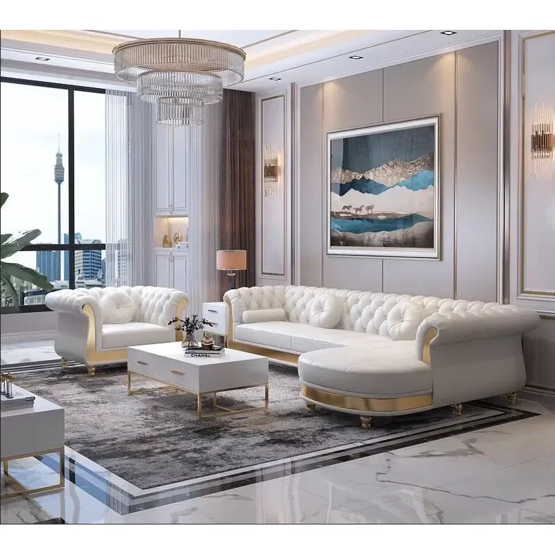 High Quality Italian Leather Modular Sofa Set White Villa Sofa for Living Room & Hotel Genuine Leather Furniture