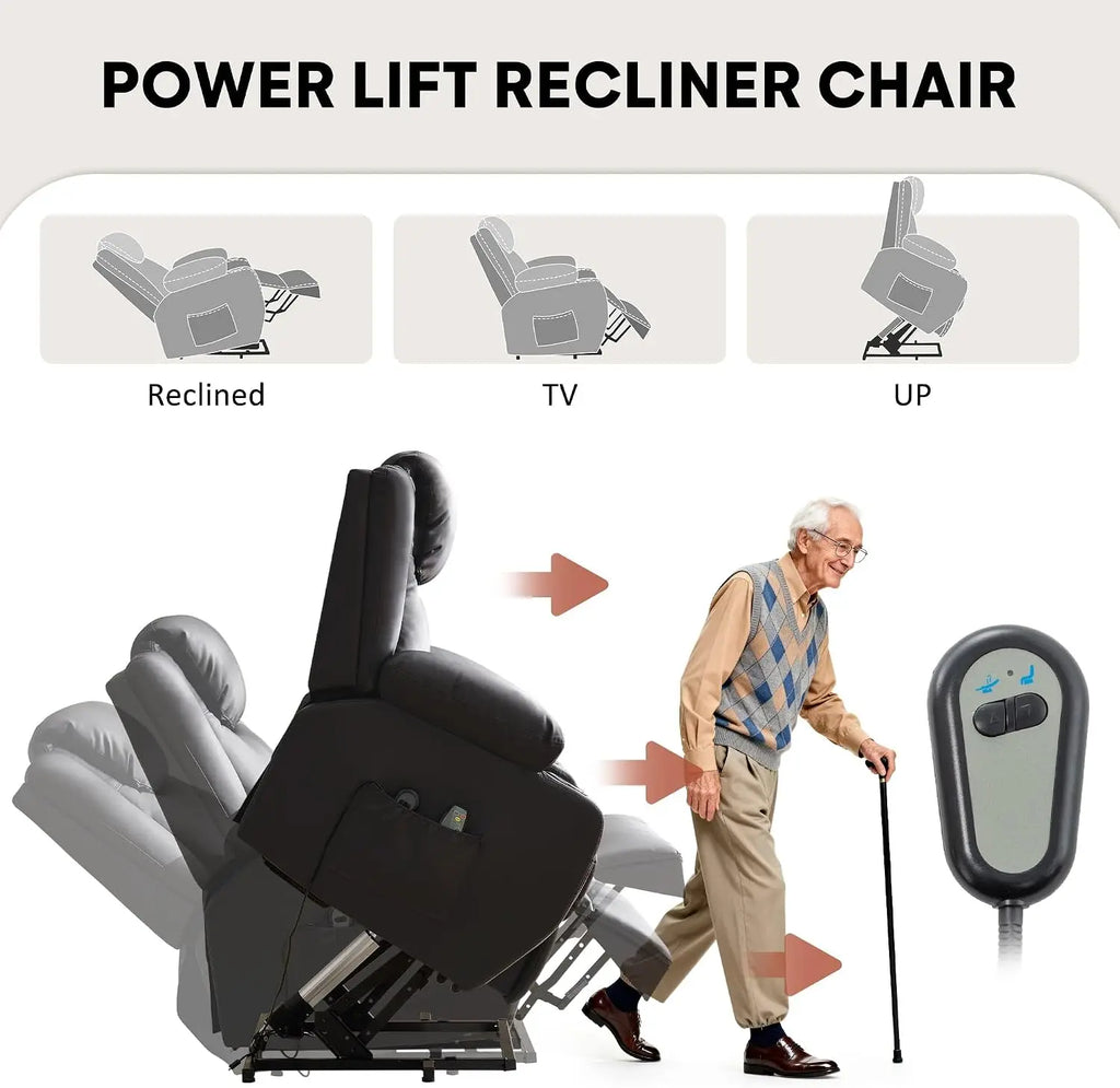 Oversized Power Lift Recliner Chair with Massage and Heat for Elderly, 26" Overstuffed Wide Electric Recliner with 2 Side