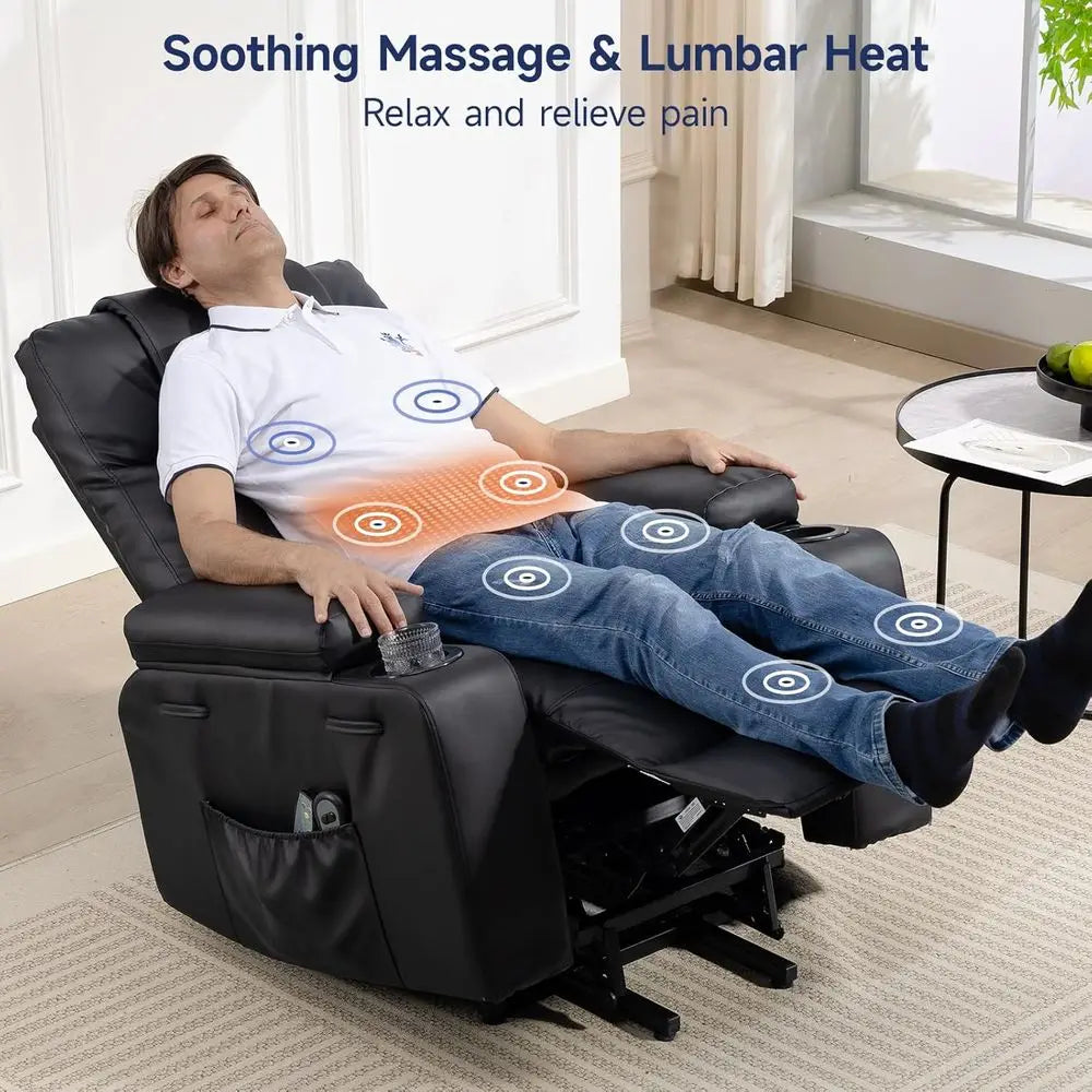 Power Lit Recliner Chair or Elderly with Massage & Heat, 160° Adjustable PU Leather Electric Recliner with Remote, Cup Holders,