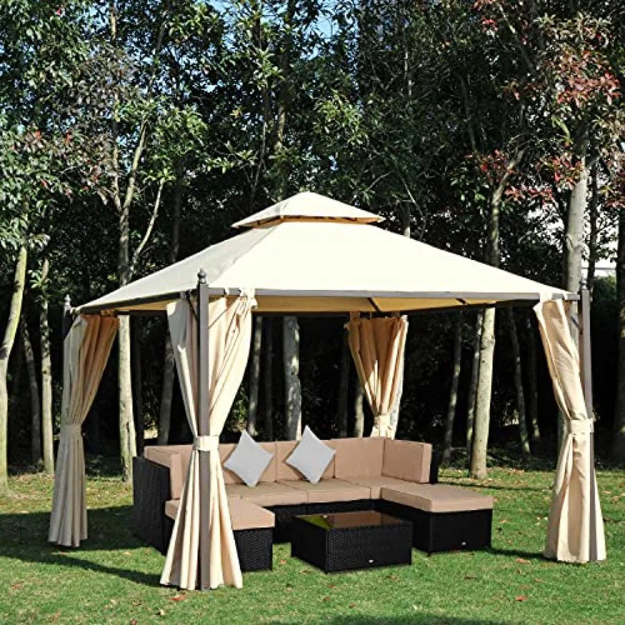 10' x 10' Steel Outdoor Patio Gazebo with Polyester Privacy Curtains Two-Tier Roof for Air Large Design