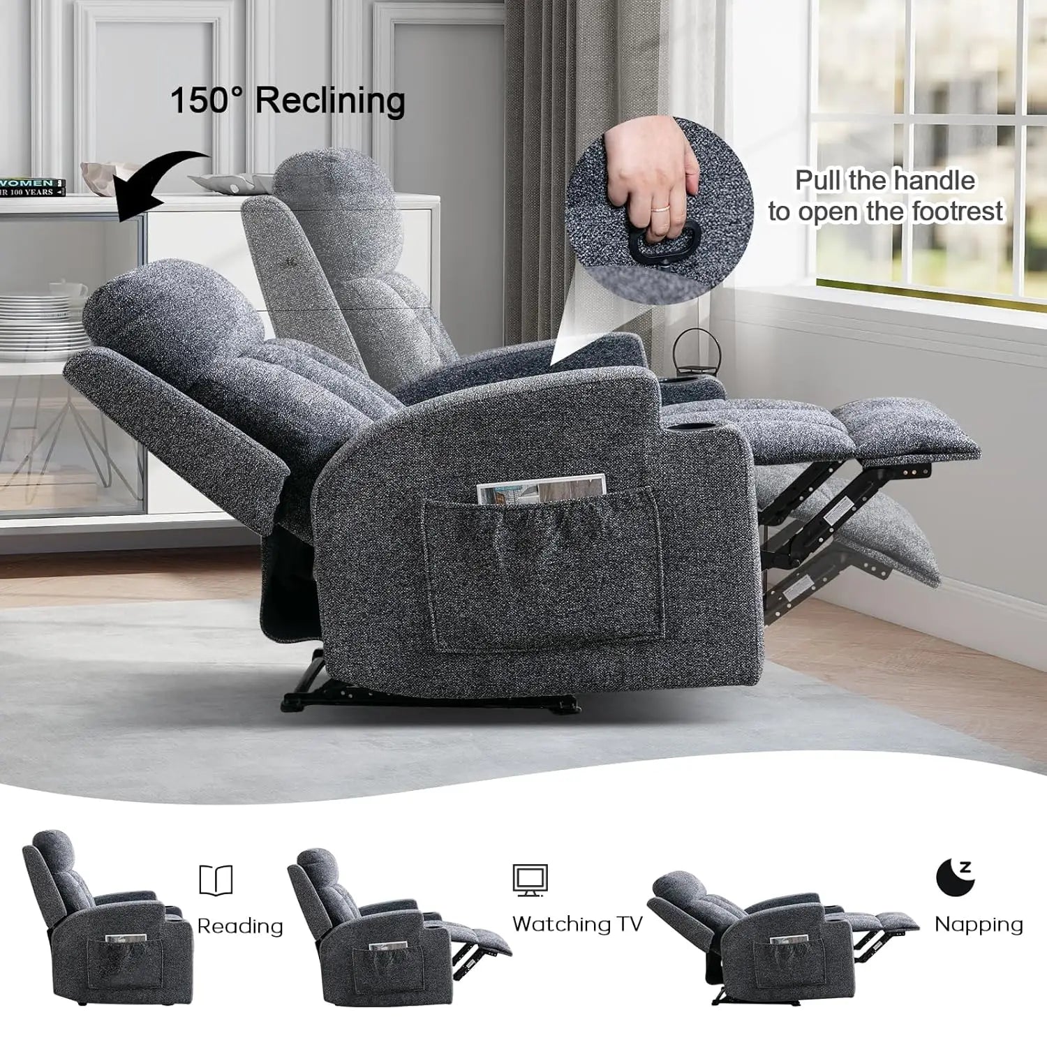 Manual Recliner Chair with Massage and Heat, Soft Fabric Recliner Chair with Overstuffed Arm and Back, Manual Reclining, Custom